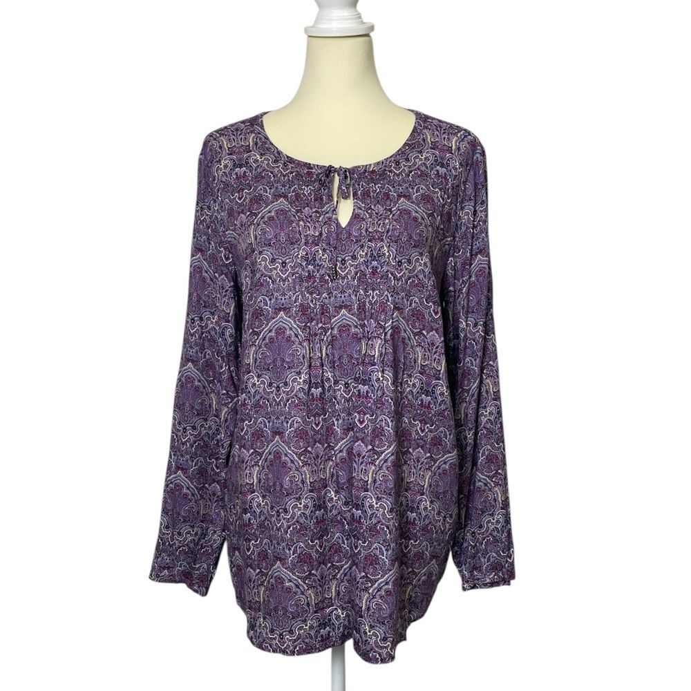J.Jill Purple Paisley Long Sleeve Boho Tunic Blouse 100% Rayon Women's Size S